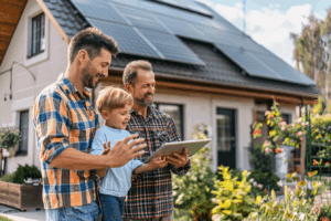 Energieberater der einem Vater und seinem Sohn etwas auf seinem Tablet bei der Energieberatung zum Eigenheim zeigt