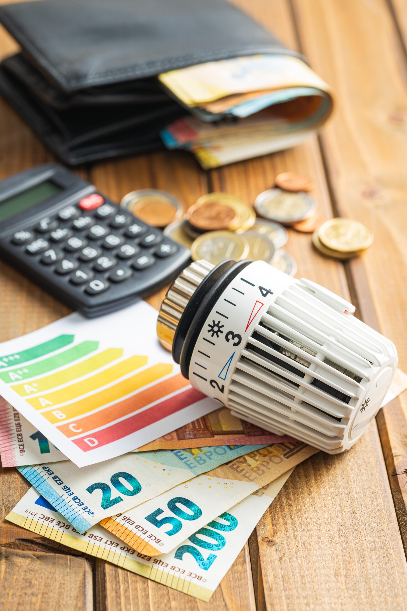 Enerigeeffizienztabelle, Taschenrechner,Geldboerse und ein Regler eines Heizkoerpers auf einem Tisch