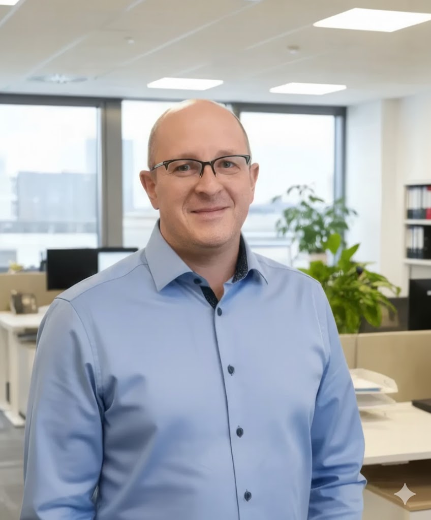 Ingenieur und Energieberater Matthias Schmidt im Buero mit Hemd