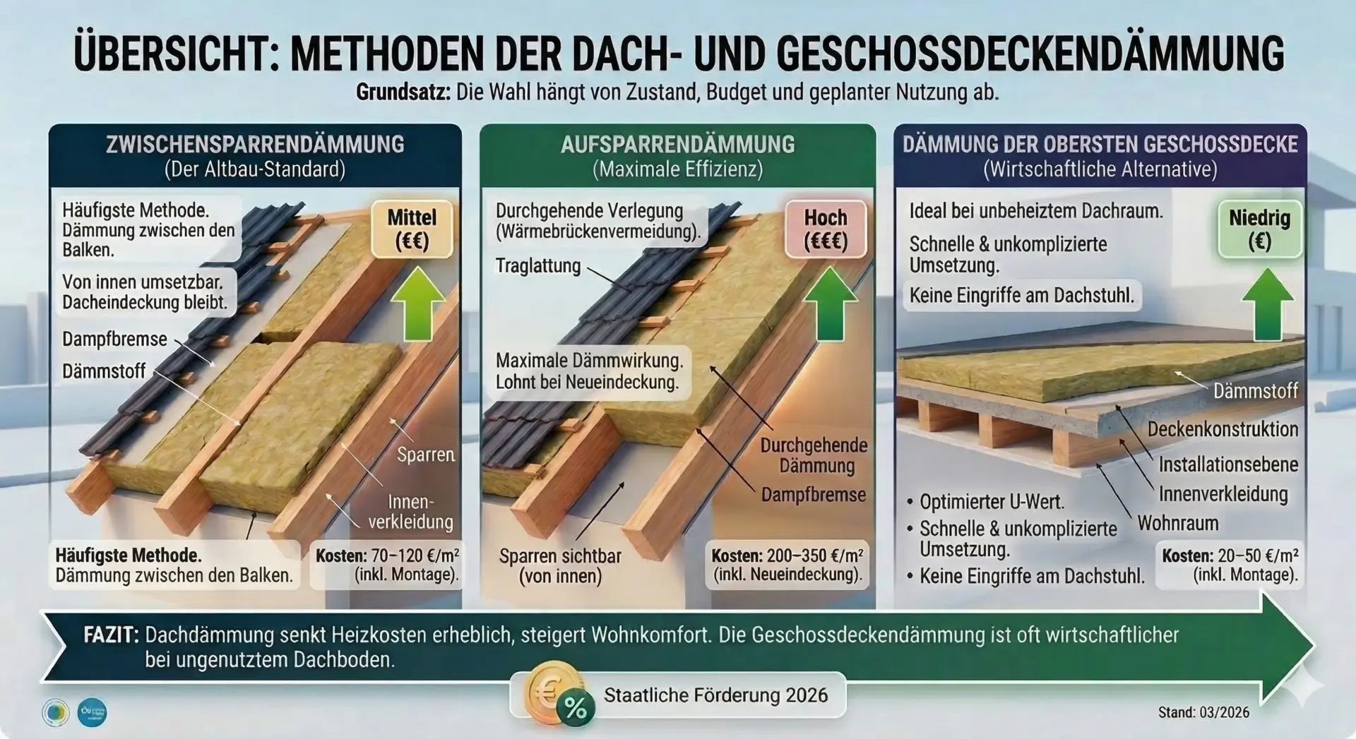 Übersicht der Dachdämmung-Methoden im Querschnitt: Zwischensparrendämmung, Aufsparrendämmung und Dämmung der obersten Geschossdecke mit Kosten und Aufbau