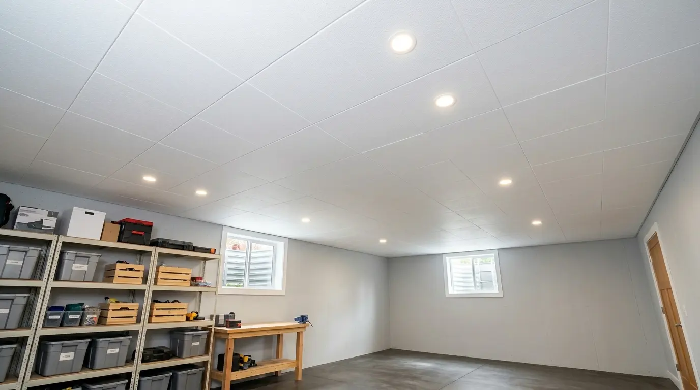 Fertig gedämmte Kellerdecke mit weißen Dämmplatten in einem sauberen Altbaukeller