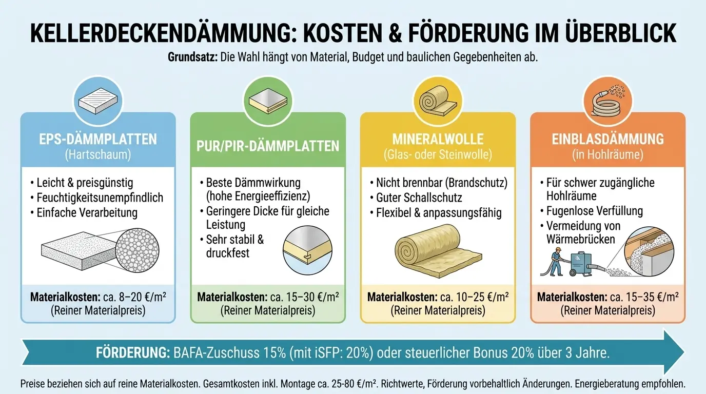 Infografik zur Kellerdeckendämmung: Vergleich der Dämmstoffe EPS, PUR/PIR, Mineralwolle und Einblasdämmung inklusive Materialkosten, Eigenschaften und Übersicht der staatlichen Förderung durch BAFA und Steuerbonus.