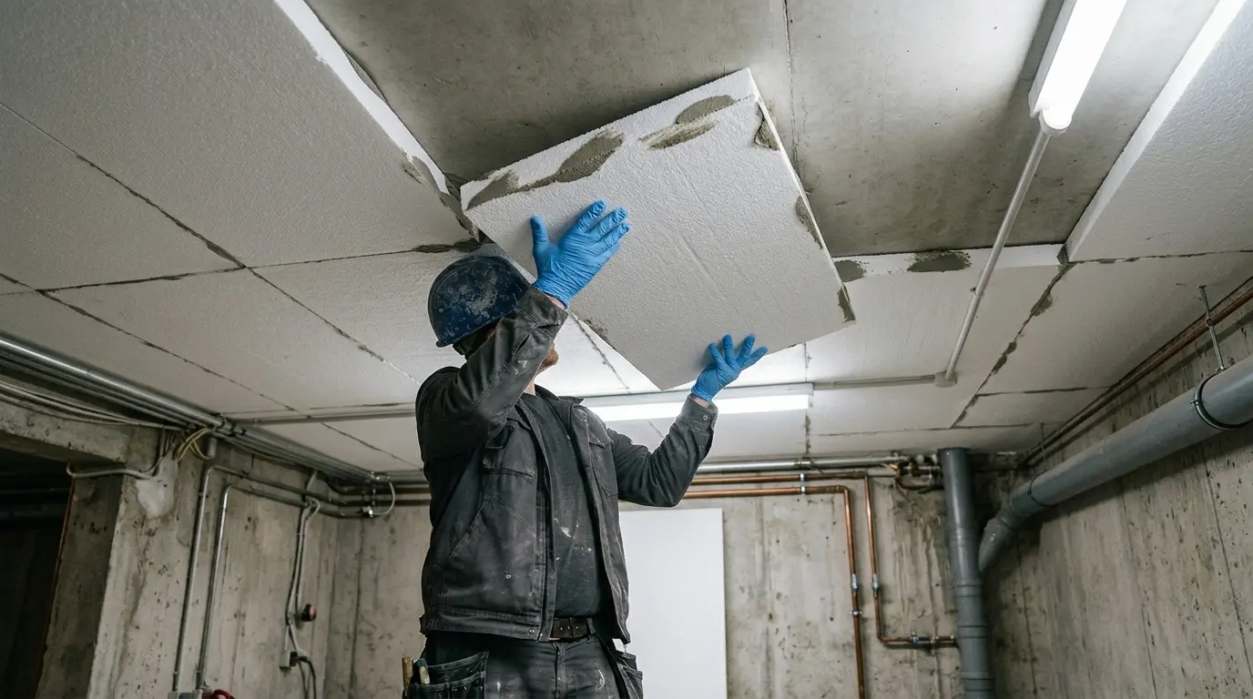 Dämmplatten werden an einer Kellerdecke von unten angebracht