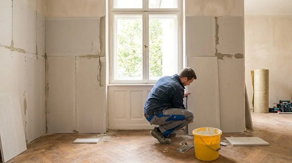 Arbeiter der eine Innendämmung von Innen an der Außenwand anbringt