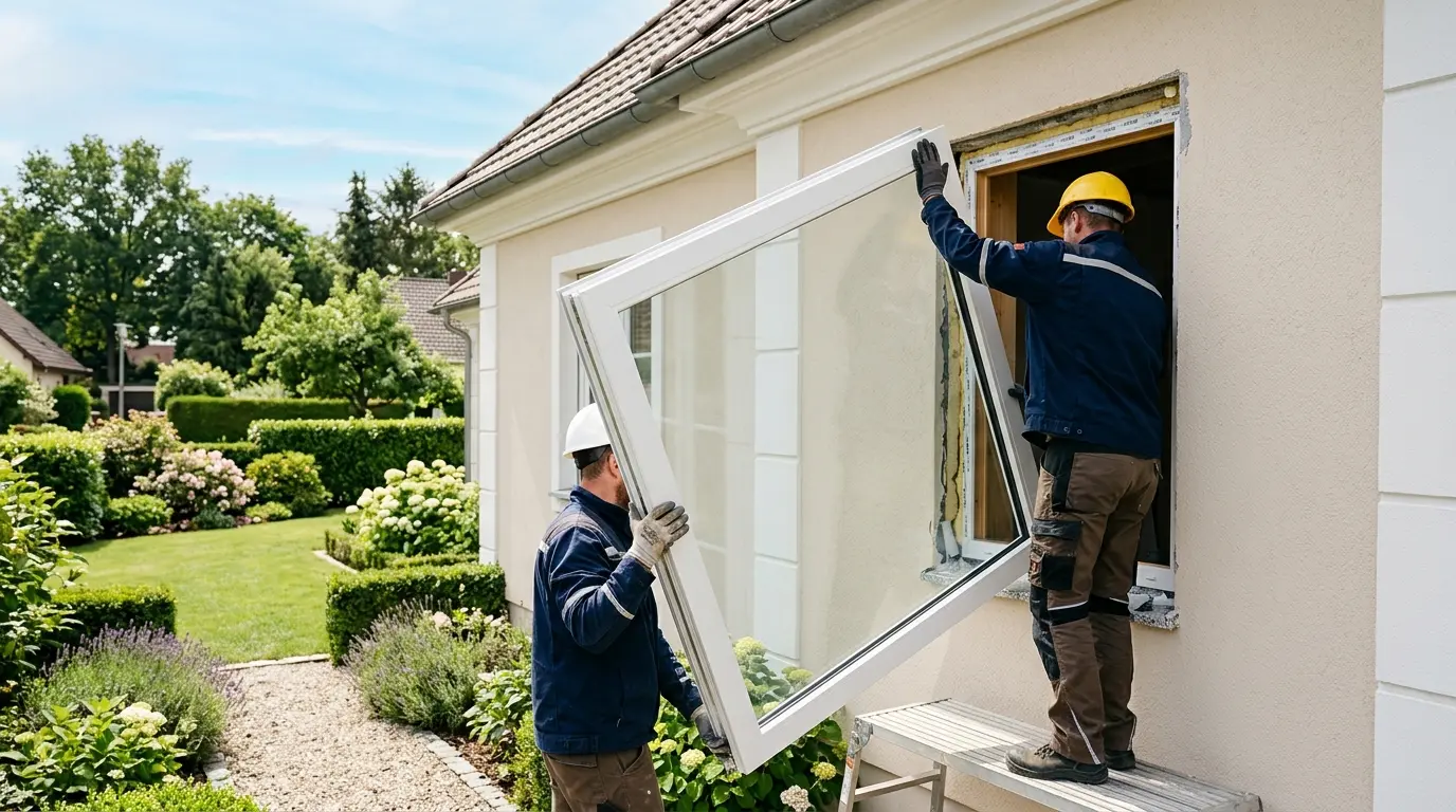 Neue energieeffiziente Fenster mit Dreifachverglasung werden in einem Einfamilienhaus eingebaut