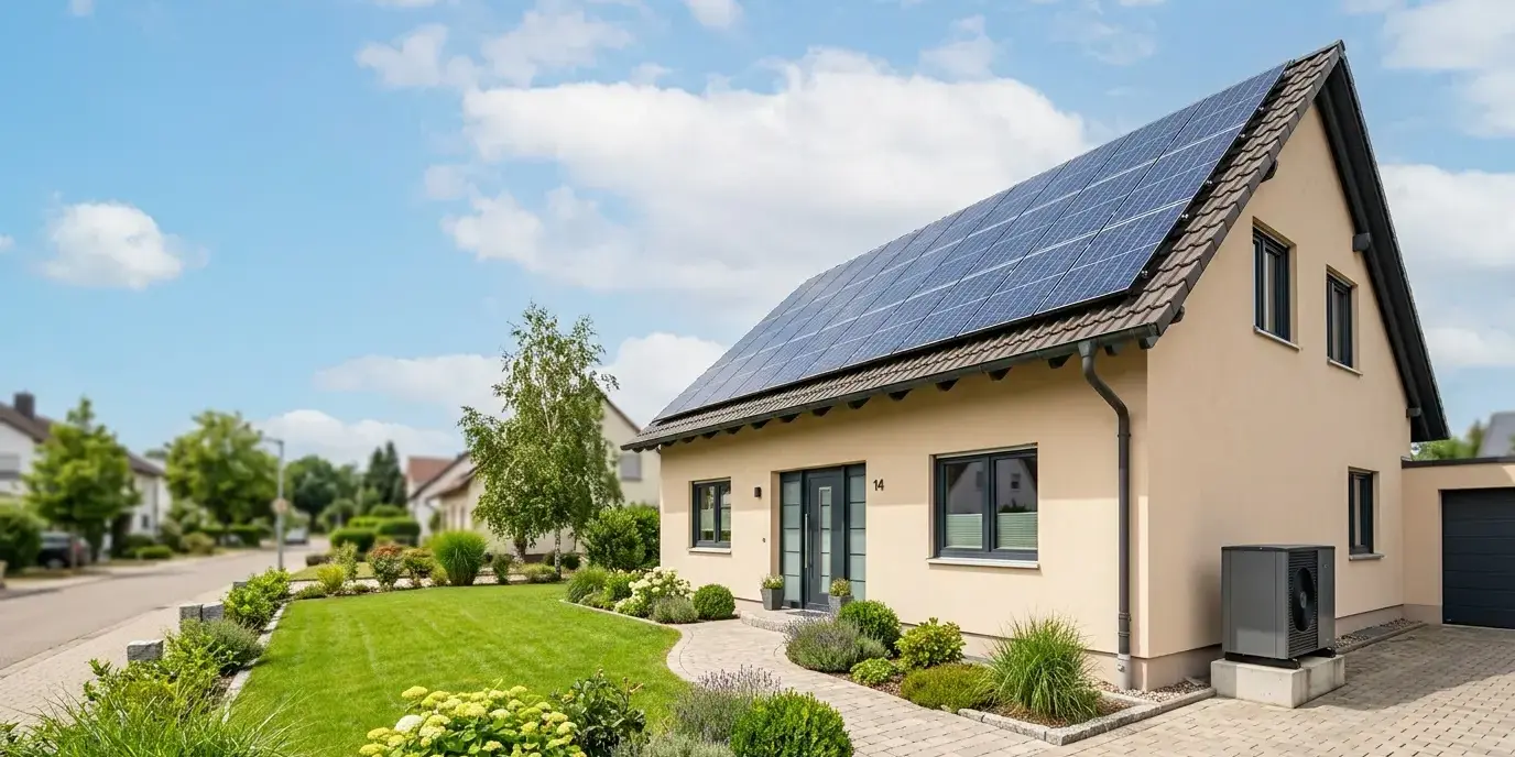 Energetisch saniertes Einfamilienhaus mit PV-Anlage, Wärmepumpe und neuen Fenstern bei Sonnenschein