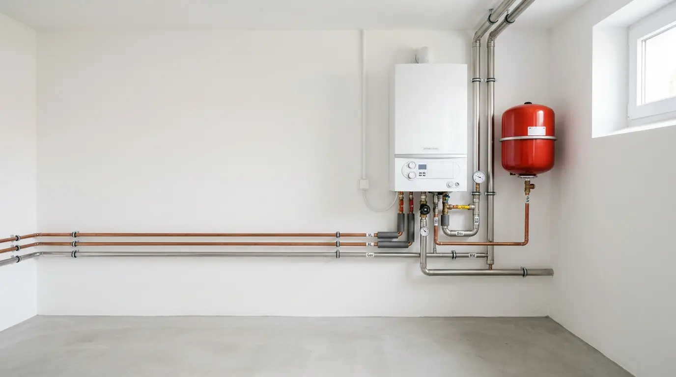 Moderner Heizkessel mit Ausdehnungsgefäß im hellen Heizungsraum