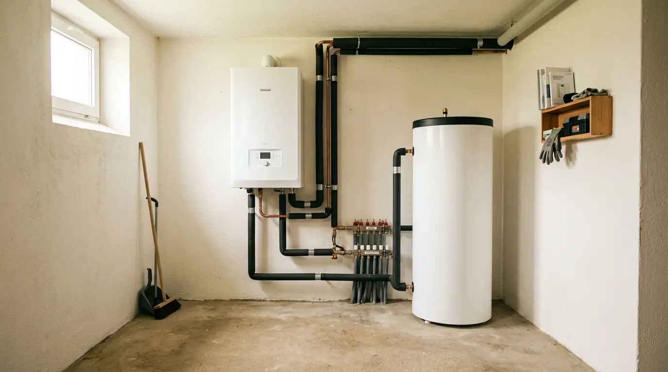 Wärmepumpen-Innengerät mit Pufferspeicher im Heizungsraum eines Altbau-Einfamilienhauses