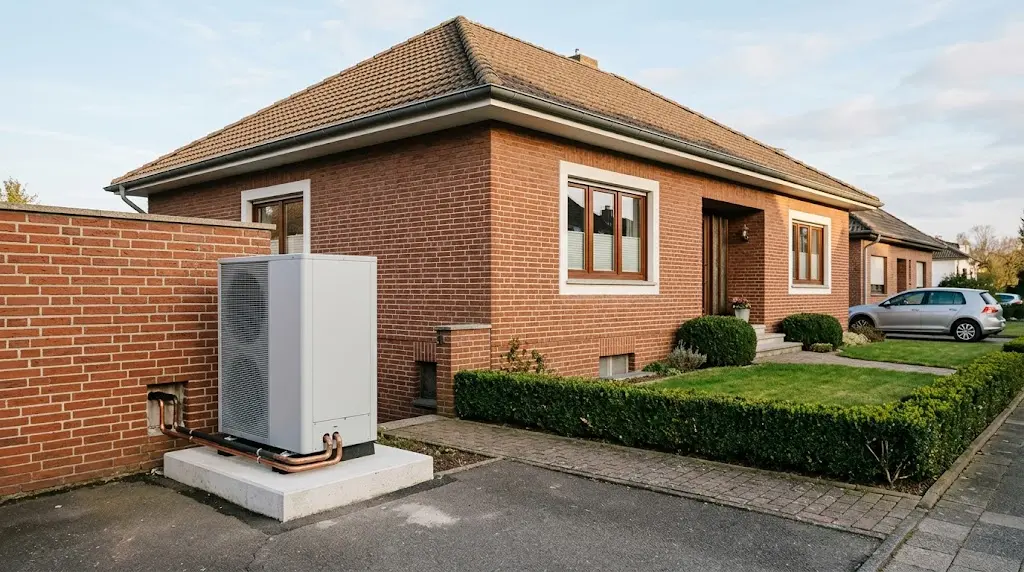 Luft-Wasser-Wärmepumpe vor einem gepflegten Altbau mit roter Klinkerfassade
