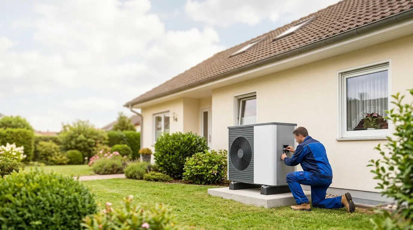 Luft-Wasser-Wärmepumpe Außeneinheit am gepflegten Einfamilienhaus — Heizung modernisieren 2026
