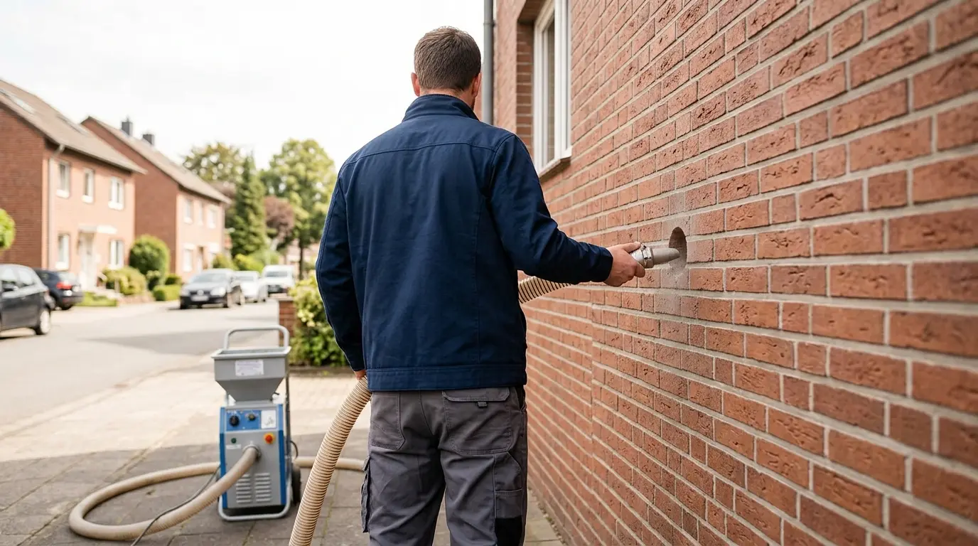 Handwerker führt Einblasdüse in kleines Bohrloch der Backsteinfassade ein – KI-generiertes Bild