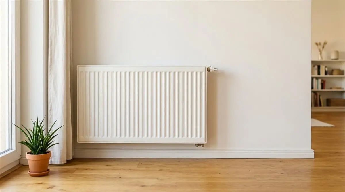 Weißer Heizkörper an heller Wand in einem gepflegten Wohnzimmer mit Tageslicht und Holzboden