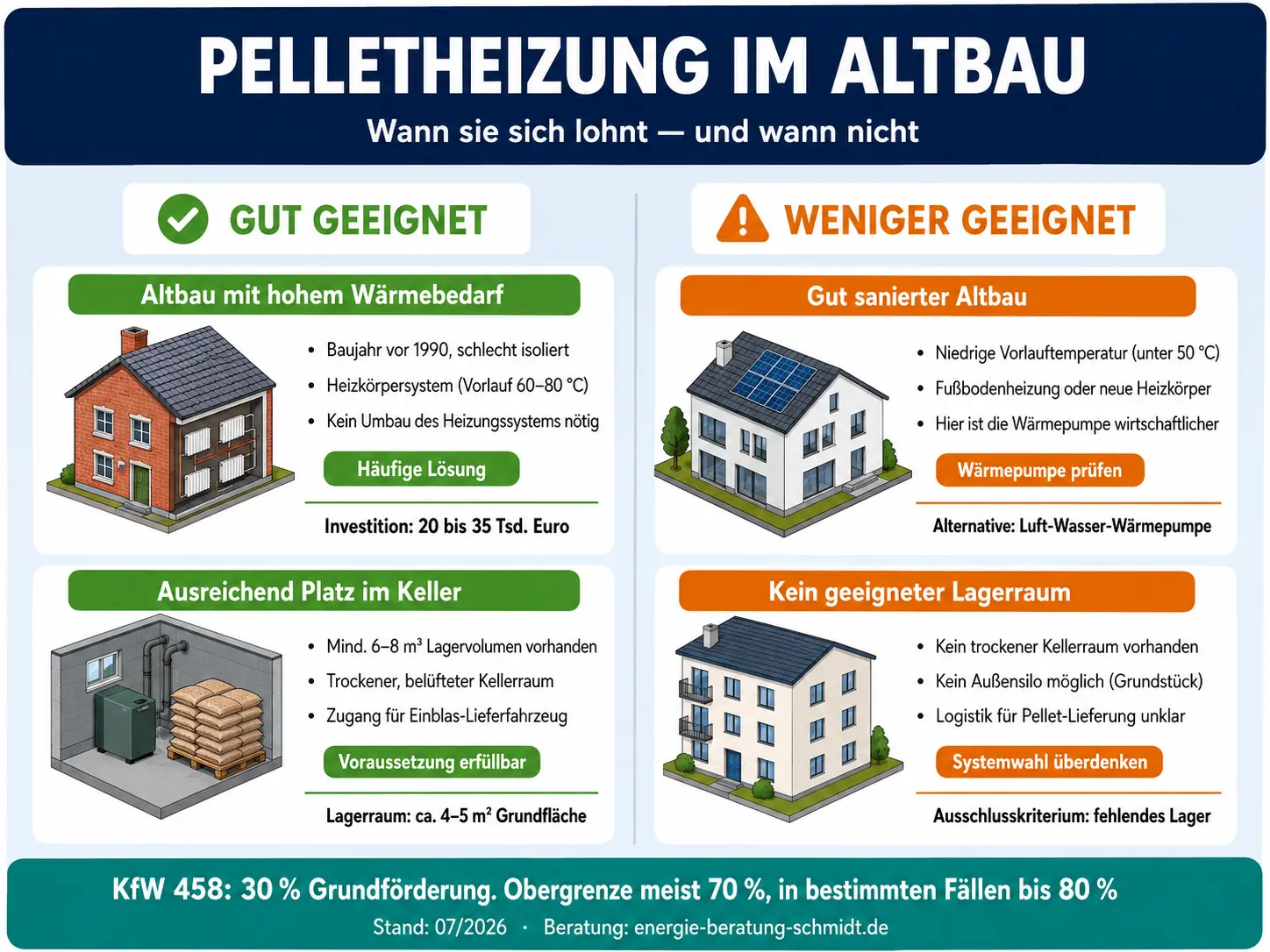 Infografik: Pelletheizung im Altbau – wann gut geeignet, wann weniger geeignet