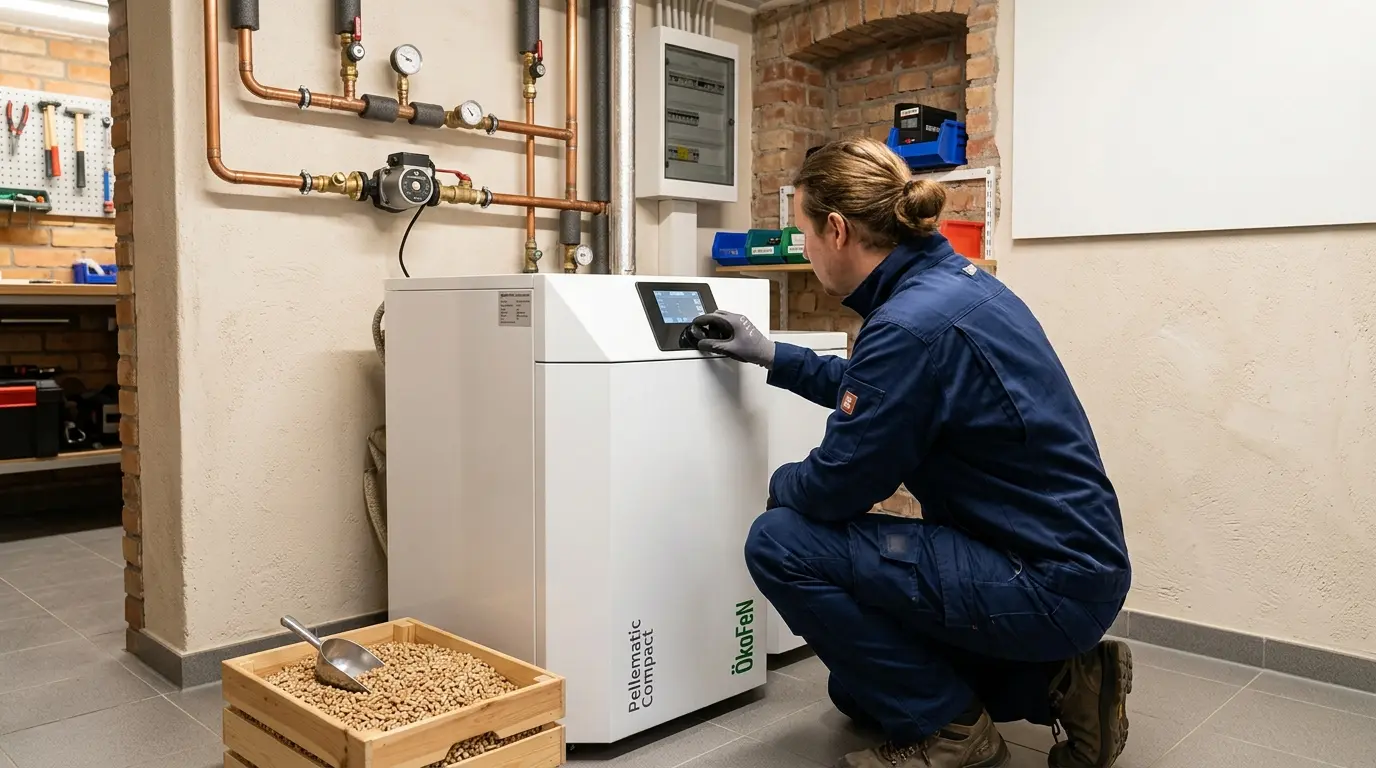 Heizungstechniker stellt modernen Pelletkessel im Keller eines Altbaus ein