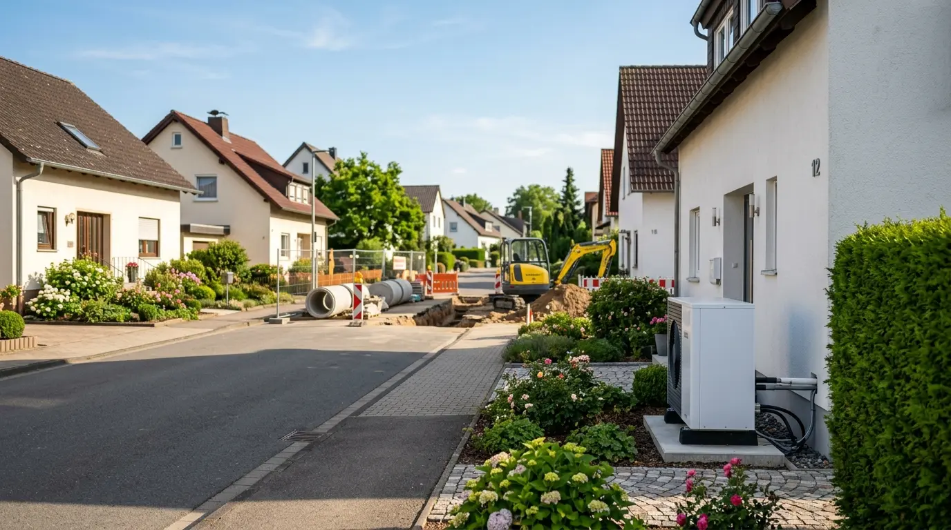 Straßenbau für Fernwärmeleitung neben Einfamilienhaus mit bereits installierter Wärmepumpe – KI-generiertes Bild