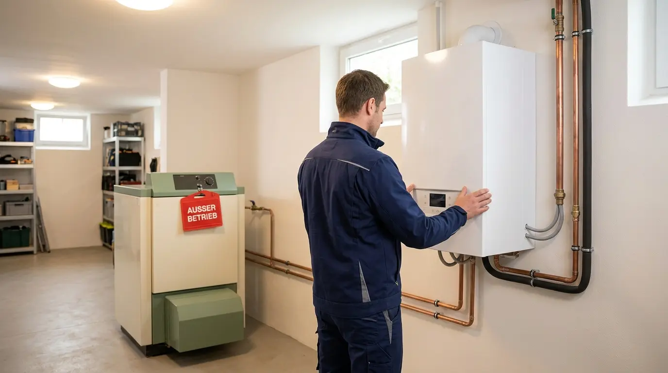 Alte Heizung außer Betrieb neben neuem Wärmepumpen-Innengerät im Keller – KI-generiertes Bild