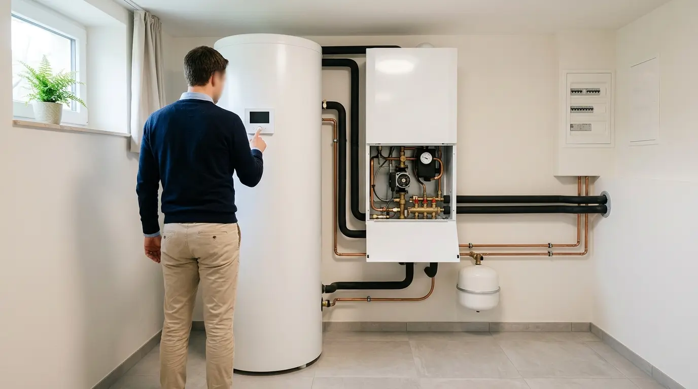 Person prüft Warmwassertemperatur am Regler neben Trinkwarmwasserspeicher und Wärmepumpen-Inneneinheit im Keller – KI-generiertes Bild