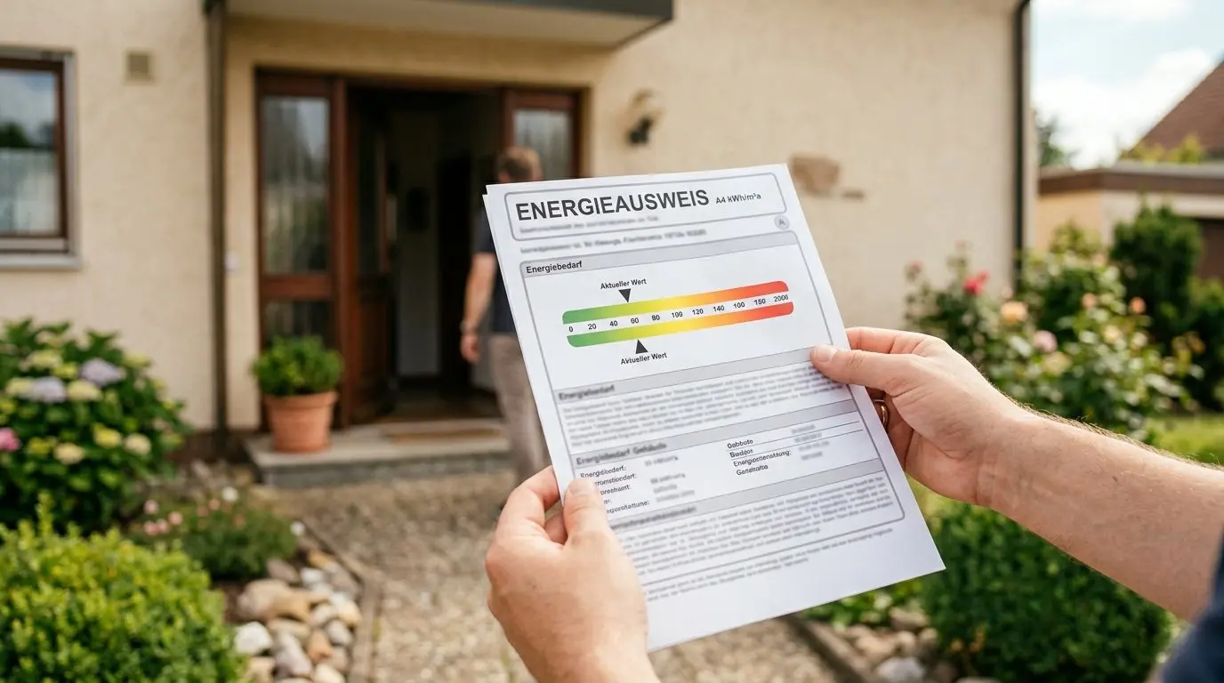 Hände halten einen Energieausweis mit Farbskala vor der offenen Haustür eines Einfamilienhauses – KI-generiertes Bild