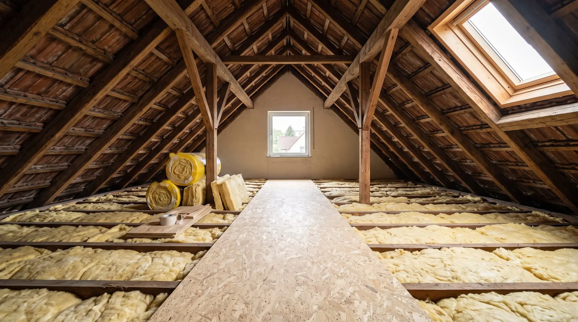Gedämmte oberste Geschossdecke im Dachboden eines Altbaus mit Laufsteg aus Spanplatten – KI-generiertes Bild